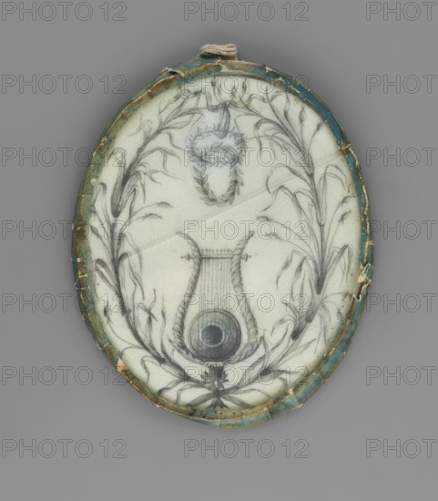 Two branches entwining an oval. Two laurel wreaths at the top, a lyre at the bottom. On the reverse, on blue cardboard, a white paper cutout intended to depict a globe with wings. Inscriptions: Societe / Globe / Areostatique Fondee a Pulawy en 1783 / sous la protection de Mlle / la Psse Maria Czartoryska, 1783, Poland, miniature, height 8.0 cm, width 6.4 cm. Binding: none; glass glued with paper tape., subject includes musical instruments, plants, antiquity, poets, symbols., An oval object with a worn teal rim surrounding a pale off-white interior that contains a pencil drawing of a lyre-like instrument framed by flowing leafy stems and floral motifs, with a wreath-like form near the top; colors visible include teal, off-white, gray, black, and hints of beige.