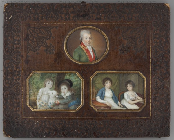 a Portrait of a man in a green tailcoat with red lapels, head of the family; b girl and boy with a sheep; c woman in an empire dress with her daughter at the harpsichord; unknown artist. Subjects: boys, children, girls, genre scenes in the interior, women, costumes, men, animals, group portraits, family, dresses, city views, siblings, foreign miniatures, toys, plants, trees, tailcoats, empire style, hats, festoons, parks, gardens, landscapes. Date: 1800. Medium/format: miniature. Dimensions: height 19.0 cm, width 23.9 cm., A rectangular dark brown leather panel with an ornate embossed border surrounds three framed miniature paintings set into the center; at the top center an oval portrait shows a light-skinned older person with powdered white hair wearing a green coat with a red collar and a white cravat, set against a brown background and enclosed in a thin gold frame; below, two octagonal-cornered rectangular miniatures sit side by side within gold borders: the left miniature depicts...