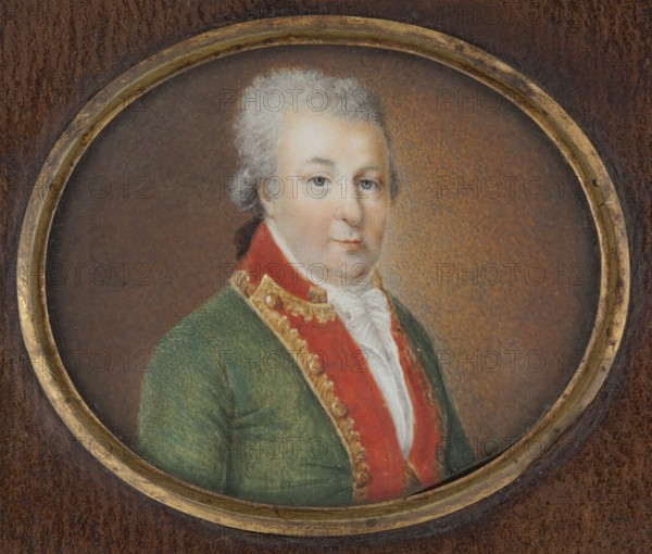 a Portrait of a man in a green tailcoat with red lapels, head of the family; b girl and boy with a sheep; c woman in an empire dress with her daughter at the harpsichord; unknown artist. Subjects: boys, children, girls, genre scenes in the interior, women, costumes, men, animals, group portraits, family, dresses, city views, siblings, foreign miniatures, toys, plants, trees, tailcoats, empire style, hats, festoons, parks, gardens, landscapes. Date: 1800. Medium/format: miniature. Dimensions: height 19.0 cm, width 23.9 cm., An oval portrait of a person shown from the chest up, set in a round gold frame against a brown background. The person has light gray hair and a fair complexion with subtle pink tones on the cheeks, and a neutral facial expression. They wear a white neck garment beneath a red collar trimmed with gold detailing, and a green outer garment. Visible colors include brown, gold, gray, white, red, green, pink, and subtle beige tones.