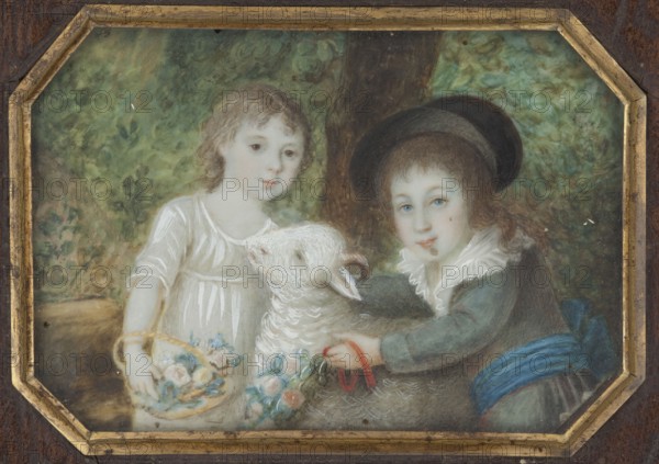 a Portrait of a man in a green tailcoat with red lapels, head of the family; b girl and boy with a sheep; c woman in an empire dress with her daughter at the harpsichord; unknown artist. Subjects: boys, children, girls, genre scenes in the interior, women, costumes, men, animals, group portraits, family, dresses, city views, siblings, foreign miniatures, toys, plants, trees, tailcoats, empire style, hats, festoons, parks, gardens, landscapes. Date: 1800. Medium/format: miniature. Dimensions: height 19.0 cm, width 23.9 cm., A painted scene shows a pair of children and a sheep positioned in front of a leafy green background. One child on the left wears a white dress and holds a basket with pale blue and pink flowers; the child has light brown hair and a pale complexion. The other child on the right wears a dark hat, a dark greenish coat with a white ruffled collar, and a blue sash around the waist, and has light brown hair and blue eyes. A white sheep with textured wool is between them w...