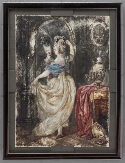 A woman looking at herself in a mirror; unknown painter. Full-figure portrait in an interior, after 1900. Miniature height 17.5 cm, width 12.3 cm. She wears a white dress or dressing gown, a blue shawl, satin slippers, and a high hairstyle with a headdress; she lifts the hem of her dress with her left hand and holds her hair with her right. On the right, a purple fabric draped over a table on which stand neoclassical vases. Subjects/styles noted: portraits en pied, women, costumes, foreign miniatures, interiors, genre scenes in the interior, hairstyles, city views, modernism. Mentions: ruins, forgeries, backs, dresses., An image of a framed painting showing a woman in historical dress standing before a tall mirror, wearing a pale cream dress with a blue shawl draped over her shoulders and a pale hairstyle adorned with a small detail, her reflection visible in the mirror; the scene includes a wooden table covered with a draped red cloth, an ornate decorative urn or vase on the table, an...