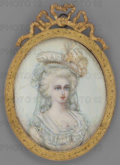 Portrait of a Lady in a Hat with Feathers, unfinished, unknown artist. Bust, 3/4 right; high hairstyle; richly decorated hat with feathers; white corseted dress with fichu on the shoulders. Neutral background on bluish support. Narrow brass frame topped with a bow. Possibly Marie Antoinette? 1780, Poland, miniature; height 7.3 cm, width 5.9 cm. Subjects/tags: hats, women, costumes, foreign miniatures, female portraits, dresses, portraits en trois-quarts, headgear, sketches., An oval portrait miniature set in a decorative carved frame shows a woman with pale skin and powdered light blonde hair styled high with curls and adorned with a ribbon and plume; she wears a sheer ruffled garment with delicate layers and small decorative dots, and her face has blue eyes and softly colored lips and cheeks; the frame is gold in color with ornate ribbon-like detailing at the top, and the background behind the figure is a soft off-white; visible colors include gold, pale cream, light blonde, blue, sof...