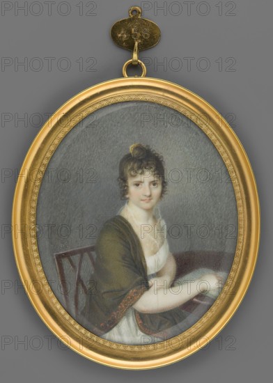 Portrait of a Woman Sitting at a Table, unknown painter. Interiors office, table, chair; young woman in Empire dress with high neckline and shawl; portrait of woman face en face, body right, knee-length, 3/4 half-figure to the right, head almost straight. Seated at a round table with her right hand resting on an open book. Black hair tied on top of the head with a yellow comb; brown eyes. White Empire dress with high neckline; olive taffet shawl with a ginger border on her shoulders. Brown chair; gray background. Miniature, 1808; height 7.6 cm, width 6.5 cm. Frame: gilded bronze, narrow profiled rim with palmette motif around the center., An oval framed miniature portrait shows a seated woman with pale skin and dark curly hair styled up with a small loop at the top, wearing a white dress with a low neckline and a dark shawl draped over her shoulders that has a decorative edge; she rests her arms on a surface beside a wooden chair back with a geometric pattern. The frame is golden with ...