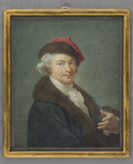 Marcello Bacciarelli, self-portrait in a confederate cap, copy by Mal... T. fl. ca. 1820–1840. Bust three-quarter right. Grey hair, light brown eyes, red peaked cap with brown fur rim, white cravat, dark green coat with brown fur collar. Background gray-green, slightly lighter near the face. Secondary frame with narrow bronze strip. 1837. Polish miniature, height 16.7 cm, width 13.8 cm., A portrait of a person wearing a dark green coat with a brown fur collar and a white neck scarf, posed against a muted green background within a gold frame; the person has pale skin, light gray curled hair, and a reddish-brown hat with a red fold, with one hand extended forward showing visible fingers and a neutral facial expression.