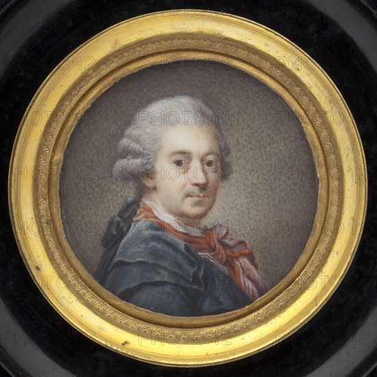 Marcello Bacciarelli in a redingote, copy from a self-portrait of Marcello Bacciarelli; bust in right profile, head three-quarters facing right. He wears a grey wig with a black bow, a turn-down white collar and a red-rust scarf with blue stripes, and a grey–navy blue redingote with a double cape-like collar. Brownish-grey stippled background, brightened around the head. After prof. Batowski catalogue of manuscript no. 155: Miniature based on the artist's own portrait used for the Bacciarelli tombstone in the Warsaw Archcathedral or perhaps serving as a prototype for this painting. Frame: slightly recessed circular rim of gilded bronze with a palmette motif in a round recess of a square polished black wooden frame, convex glass, ring for hanging. Inscription on the reverse of the miniature: TVN2. 1790, Poland. Miniature, height 4.6 cm. Maker: Johanna Juliana Friederike Bacciarelli 1733–1809/1812 painter., A painted circular portrait of a person with pale skin and powdered gray hair sty...
