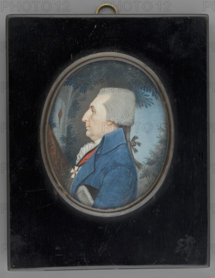 Grigory Ivanov, Prince Vyazemsky d. 1805 in profile; painted by Eduard Ströhling 1768–1826. Male profile portrait, miniature height 8.3 cm, width 6.7 cm, dated 1800. Depicts portrait in profile left, includes orders; foreign miniature style; landscape elements—trees and sky., A painted oval portrait set in a rectangular dark frame shows a side profile of an older person with powdered white hair tied at the back, wearing a blue coat with a high collar and a white ruffled shirt visible at the throat; a red accent is visible beneath the ruffle and a small decorative cross with pale and darker tones is pinned near the chest. The background inside the oval contains a muted outdoor scene with tree trunks and foliage in shades of blue, gray, and green, while the frame surrounding the portrait is black with subtle scratches and a small gold hanging ring at the top. The overall visible colors include blue, white, red, black, gold, gray, and green.