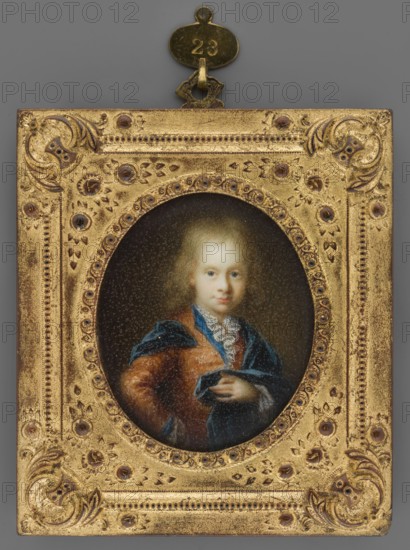 Louis VIII 1691–1768, Landgrave of Hesse-Darmstadt as a child. Painter: Arnold van Boonen 1669–1729; later author: Wilhelm Horst 1809–1852. Subject: a child visible to the hips, standing with hand on hip, turned 3/4 to the right, head almost straight; light blond hair, blue eyes. Costume: white ruffle at the neck, white lace at the sleeves, brown justaucorps embroidered with silver, sky-blue collar and cuffs, richly draped navy blue coat on the shoulders. Background: olive-brown. Frame: richly ornamented stucco, gilded wood. Medium/format: miniature; height 6.3 cm, width 5.2 cm. Date: circa 1850–1855. Comparative reference noted., A rectangular ornate frame in gold surrounds an oval portrait of a young person with pale skin and light blond hair; the frame has detailed raised patterns and decorative motifs with darker brownish accents and several small round embellishments. The portrait shows the figure wearing a reddish-brown garment and a deep blue draped fabric, with a white lace-lik...