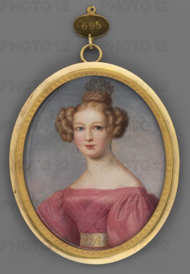 Eliza Baroness de Reitzenstein Dannet in a pink dress with puffed sleeves, waist-length portrait, female portrait face en face, torso left, romantic dress with puffed sleeves, young woman, romanticism, miniature, height 8.2 cm, width 6.8 cm, 1830, Germany, creator unknown, An oval miniature portrait in a gold frame shows a woman from the chest up against a muted gray background; she has fair skin, light brown hair styled in an updo with two rolled side curls and a braided bun topped with a small ornamental comb, blue eyes, and a neutral expression. She wears a pink off-the-shoulder dress with puffed sleeves and a patterned belt, and a single dangling earring is visible on one ear. The frame and hanging loop are gold, and the overall colors visible are gray, gold, pink, light brown, fair skin tones, and a hint of blue in the eyes.