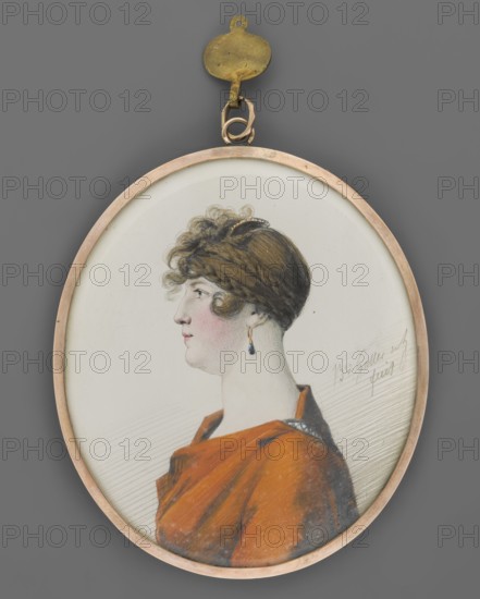 a Portrait of Maria Anna von Hessen-Homburg 1785–1846, wife of Wilhelm of Prussia, also known as Marianne von Preussen and Prinzessin Wilhelm — profile portrait of a woman facing left, hazel eyes, blond hair pinned up with a comb, emerald earring in one ear, orange dress fastened with a diamond clasp on the left shoulder. Background: paper color, hatched at the bottom. Frame: narrow medallion border, gilded bronze. b Daughter Amalie Friederike Luise of Prussia 4 July 1805 – 23 November 1805 — child turned in 3/4 profile to the left, blue eyes, intense blush, white cap and dress trimmed with blue ribbons. Background: paper color, hatched at the bottom with pencil. Frame: narrow medallion border, gilded bronze. Painter: Haller von Hallerstein, Christoph Jakob Wilhelm Carl Joachim 1771–1839. Medium: miniature. Date: 1805–1808. Origin: Germany. Size: height 9.0 cm, width 8.7 cm. Subjects: rulers, women young, girls, children, female portraits left profile, costumes à l'antiquité, headgear ...