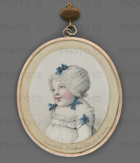 a Portrait of Maria Anna von Hessen-Homburg 1785–1846, wife of Wilhelm of Prussia, also known as Marianne von Preussen and Prinzessin Wilhelm. Profile portrait of a woman facing left, hazel eyes, blond hair pinned up with a comb, emerald earring in one ear, orange dress fastened with a diamond clasp on the left shoulder. Background: paper color, hatched at the bottom. Frame: narrow medallion border, gilded bronze. b Daughter Amalie Friederike Luise of Prussia 4 July 1805 – 23 November 1805. Child turned in 3/4 profile to the left, blue eyes, intense blush, white cap and dress trimmed with blue ribbons. Background: paper color, hatched at the bottom with pencil. Frame: narrow medallion border, gilded bronze. Miniature, Germany, 1805–1808. Height 9.0 cm, width 8.7 cm. Creator: Haller von Hallerstein, Christoph Jakob Wilhelm Carl Joachim 1771–1839 painter. Subjects: rulers; women young; girls; children girl; female portraits left profile; costumes a l'antiquite; headgear turban, bonnet; p...