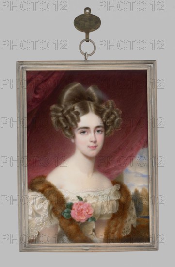 Cecilia von Oldenburg, Swedish princess born 1807 Stockholm – 1844 Oldenburg, daughter of Gustav IV Adolf and Frederick of Baden. Miniature portrait, 1835, Vienna. Waist-length, three-quarter right view: young woman with dark hair in a shin hairstyle, wearing a camisole/white bustier dress decorated with lace, a rose pinned at the bodice on the right, and a fur boa shawl. Background: red curtain, sky with clouds, and part of a park. Attributed creators: Moritz-Michael Daffinger 1790–1849 and Emanuel Peter 1799–1873. Miniature, height 10.5 cm, width 7.4 cm., A framed painted portrait of a young woman with pale skin and dark brown hair styled in glossy ringlets, wearing an off-shoulder cream dress with lace trim and a brown fur stole; a pink flower with green leaves is pinned near her chest. The background shows deep burgundy drapery on one side and a landscape with blue and gray sky and muted green-brown trees on the other. The frame is wooden with a distressed light-gray finish and a m...
