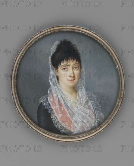 Portrait of a Young Woman in a White Lace Mantilla, Perez fl. 1795–1815, painter; headgear veil; women young; portraits waist-length; female portraits almost straight; foreign miniatures; costumes; repossession provenance; 1803; Spain; miniature; height 7.0 cm, width 6.8 cm, A round framed portrait of a woman set against a muted gray background, the frame appearing metallic with a beaded inner edge; the woman has pale skin, dark curly hair, and light-colored eyes with a calm expression; she wears a sheer white lace veil with floral patterns draped over her head and shoulders, a black garment beneath, and a shawl or scarf in shades of pink and blue visible under the lace; the overall color palette includes gray, white, black, pink, blue, and metallic tones.