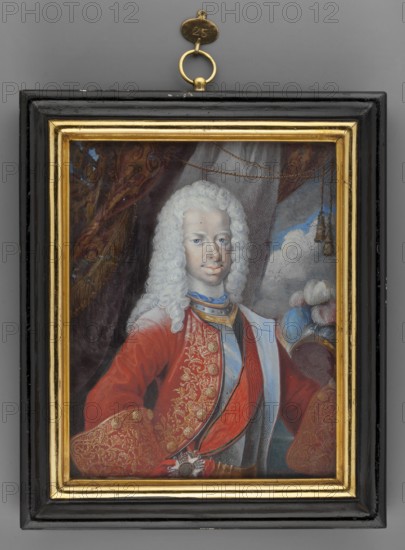 Louis VIII, Landgrave of Hesse-Darmstadt 1691–1768. By Johann Sebastian Brachfeld active ca. 1730–1750, court painter. Miniature portrait, 1750. Half-length, standing three-quarter right. Grey powdered wig à la lion; cuirass and crimson tailcoat embroidered with gold; red ribbon and order cross. A knight's helmet with pink, blue, and white ostrich feathers at right. Background: sky and clouds, left brown-rust and lilac-rust curtain. Rectangular profiled wooden frame, black lacquer with gilded inner edge. Inscription on reverse: Ludwig VIII/Landgraf von Hessen-Darmstadt/geb. 16 April 1631 + 17 October 1768/Gemalt von Landgrafl. Hessen-Darmstadtischen/Hofmaler Brachweld, 1750. Miniature, 14.0 cm × 11.0 cm., A framed painted portrait of a person wearing a powdered white curled wig and a red coat with intricate gold embroidery, a pale blue sash across the chest, and a decorative collar; the figure has a neutral expression and holds a plumed hat with blue, white, and pink feathers. The back...