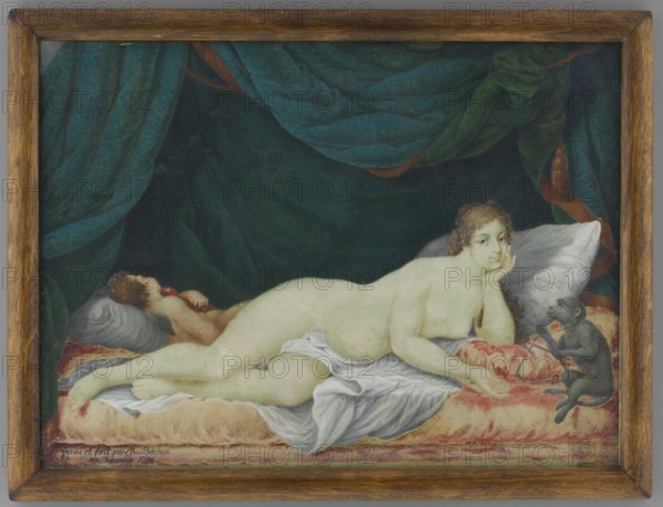 Reclining Venus with a Monkey and a Cupid, Bechon, Karol Charles 1732-1812 painter. Cupids, nudes, antiquity, animals, interiors, symbols, Polish miniatures, mythologies. Venus lying on a bed covered with red fabric; a monkey with a triangle sits at the head, a cupid sleeps at her feet. In the background an emerald curtain. Signed: inre et fait par Ch. Bechon / a. Varsovie 1796. On the reverse, an illegible inscription in pencil and a round label; inside the circle an ink inscription 2501/Ter. Binding: secondary, narrow wooden board. Illustration made in miniature technique. Miniature, height 14.2 cm, width 19.5 cm., A reclining nude woman with pale skin lies on a bed draped with white and red cushions and sheets, propping her head on one hand and looking toward the viewer; a small dark gray monkey sits near her outstretched hand holding a thin object, and a reclining child with light brown hair rests on a pillow behind her holding a round fruit. The background is dominated by deep gre...