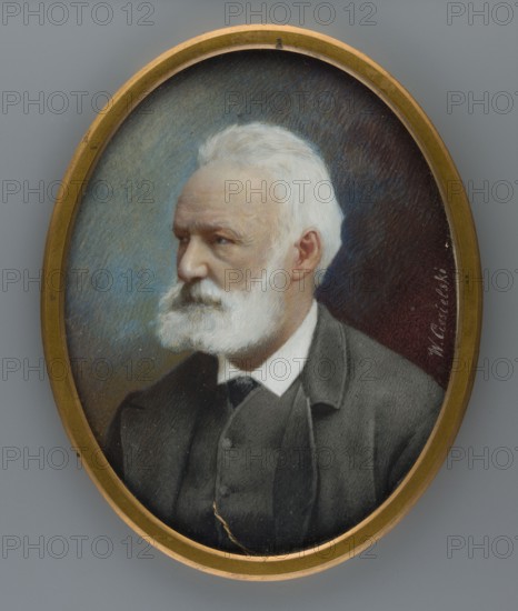 Portrait of the French writer Victor Hugo 1802–1885 by Wladyslaw Ciesielski 1845–1901, 1887. Bust three-quarters left; white hair, mustache, beard, and sideburns; white collar and black tie; dark gray frock coat and waistcoat. Yellowish-blue background at left, purple-rusty at right. Narrow triangular bronze border with worn gilding. Miniature, height 12.4 cm, width 9.5 cm. Country of production: France. Style: modernism., An oval framed portrait showing an older man in three-quarter profile facing left with white hair and a full white beard and mustache, wearing a dark coat and vest over a white shirt and dark tie; the background has blended shades of blue and maroon, the frame is a warm gold color, and the overall palette includes white, gray, black, blue, maroon, and gold.