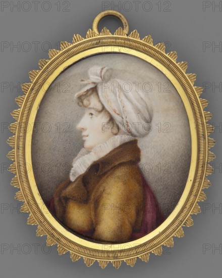 Portrait of Zofia Telimena Komorowska, Czacka, Beata née Potocka fl. 1758–1824. Portrait of a young woman, bust in left profile. She wears a white scarf styled as a turban, with a few thin grey-blonde curls at forehead, temple, and cheek. At the neck a standing collar of white pleated ruffles, yellowish-brown jacket, and a cherry-red shawl. Background gray, lighter in upper part, especially at right. Oval profiled gilded bronze frame with radial teeth, convex glass, hanging ring. Miniature, height 6.0 cm, width 5.3 cm. circa 1800, Poland., orient, women, aristocracy, headgear, female portraits, profiles, Polish miniatures, costumes, Komorowska, Zofia Telimena fl. ca. 1800., An oval framed portrait of a person shown in profile facing left, wearing a white headwrap and a ruffled white collar, a brown coat with darker brown lapel, and a deep red or burgundy garment visible at the shoulder, set against a soft grayish-beige background; the portrait is enclosed in an ornate gold frame with a...
