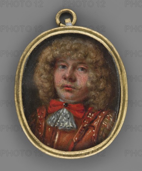 Portrait of a man in a yellow tunic, leather armor and with a red jabot;, Clothing: tunic, armor, jabot, bow. En face, shoulder-length male portrait of a young aristocratic-looking man with brown eyes and blond curled hair in a lion-style wig. He wears a white shirt hem and a red bow fastened with a black stone at the neck, a greenish-white jabot, and brown leather armor over a sandy-brown jerkin; brooch visible. Fragment of armor suggests soldier. Background: dark brown. Binding: narrow, profiled brass frame. Miniature, 1670, Germany. Height 3.4 cm, width 2.8 cm., An oval pendant with a gold-colored frame contains a painted portrait of a person with curly light brown hair, a fair complexion with pinkish tones on the cheeks and lips, and a neutral expression. The person wears a red bow at the neck and a garment in shades of red and brown with decorative highlights, plus a small triangular lace-like piece in a pale grayish color at the throat. The background inside the pendant is dark, ...