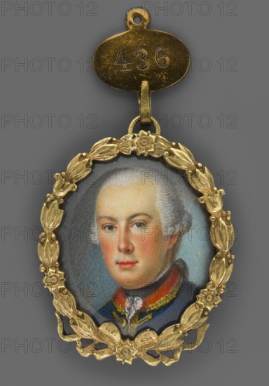 Ludwig IX, Landgrave of Hesse-Darmstadt 1719–1790, painted by Johann Ludwig Strecker 1721–1799, attributed to an unknown painter; portrait miniature, 1750, Germany. Subject: young man, 3/4 left, shoulder-length, blue eyes, grey wig with a ponytail katogan, hem of a white collar, black shawl, white frill; navy blue uniform with red collar and gold braiding — soldier/aristocracy costume. Medium: miniature, height 3.2 cm, width 2.6 cm. Background: turquoise gray and turquoise. Binding: gilded bronze with floral tendrils and rosettes., An oval miniature portrait pendant set in an ornate gold-colored laurel wreath frame with floral accents, suspended from a small gold-colored connector; the miniature shows a head-and-shoulders view of a person with pale skin and powdered light gray hair, rosy cheeks, and neutral expression, wearing a dark blue garment with a high collar and a red and gold-trimmed neckline; background behind the figure is a muted bluish-gray, and the overall visible colors i...