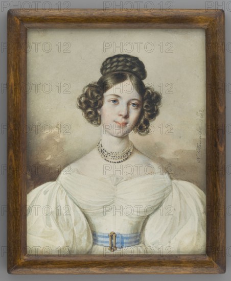 Portrait of Maria Radomyska, by Jan Nepomucen Glowacki 1802–1847. Miniature portrait, 1833. En face depiction: straight torso, head slightly turned to the right. Brown hair with curls at the temples and along the cheeks; braided crown at the top of the head. Gold earrings and a pearl necklace. White dress with a wide blue belt at the waist fastened by a gold buckle. Background brown-gray. Biedermeier style. Inscription on the back of the miniature period: Marya Radomyska / 1833 r. / rp Bizanskiego / in Kraków. Height 12.0 cm, width 9.5 cm. Secondary binding: narrow wooden strip., A framed portrait of a young woman shown from the chest up, wearing a white off-the-shoulder dress with large puffed sleeves and a light blue sash at the waist, her hair styled in dark brown braided coil on top and curled ringlets at the sides, a pale complexion with subtle rosy cheeks and blue eyes, a multi-strand dark necklace and small earrings, a neutral beige-gray background with some brownish shadowing, ...