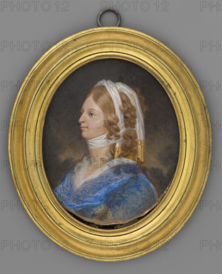 Portrait of a Young Woman. Bust 3/4 left, head almost in profile. Blond hair in long curls, tied twice with a white shawl with a wide gold trim. A blue shawl on the shoulders. Background: uneven dark brown. Frame: profiled oval wooden frame covered with brass sheet; no glass. Miniature, height 7.5 cm, width 6.4 cm. Attributed authorship: Gröll, Karol Michal 1770–1857 engraver/author. Date: circa 1800. Style/subject: women, women's portraits, costumes, profiles portraits, hairstyles, Polish miniatures., An oval framed portrait of a person in profile within a gold frame; the person has light brown curled hair partially covered by a white headscarf and ribbons, visible facial features in a neutral expression, and is wearing a blue garment with lighter blue and white highlights; the background inside the frame is dark, and the outer area around the frame is gray.