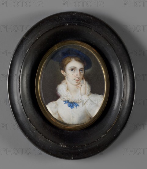 Portrait of Countess Melania Sobanska 1813–1887 née Uruska, painted by Józef Haar 1795–1838. Bust slightly to the left, head three-quarters to the right. Blond, smooth hair parted in the middle; large sapphire velvet beret; white dress with a rich ruff tied in a bow with a sapphire ribbon, large puffed sleeves; left arm bent at the elbow supports her cheek. Background: dark brown at the bottom, olive at the top. Binding: smooth oval rim of gilded bronze in an oval wooden frame, recessed and profiled, polished black. Thin convex glass. On the reverse of the binding: Melania / Sobanska / née Uruska / painted by Haar and two labels with no. 1691. Miniature, Poland, 1820; height 6.5 cm, width 5.3 cm. Melania Sobanska, daughter of Lukasz and Józefa Uruska; from 1832 wife of Aleksander Sobanski 1794–1861, an officer of the Polish Army and emigrant from 1831., An oval framed portrait of a young person wearing a dark blue hat and a white ruffled blouse with a blue ribbon at the collar, set aga...