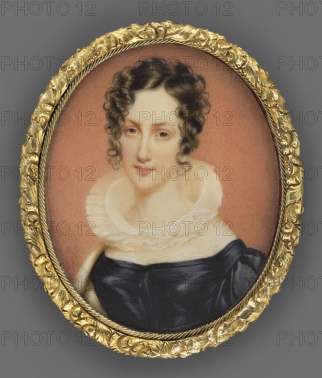 Portrait of a Young Woman, Tenisson painter ?English School?, women young, portraits bust, female portraits 3/4 left, dresses empire, small lace collar around the ruff type, shawl, foreign miniatures, Bust, 3/4 left, head almost straight. Black hair, dark brown eyes. White ruff at the neck, black dress, fragment of a white shawl on the right shoulder. Background: salmon pink. Binding: gilded bronze chiseled with plant motifs. On the reverse of the binding, on a piece of silk, in ink: Tenisson / 680, 1815, miniature, height 6.4 cm, width 5.2 cm, An oval portrait of a woman set in an ornate gold frame, showing a pale-skinned face with dark brown curly hair styled in ringlets framing the cheeks; she wears a sheer white ruffled collar and a dark glossy dress, with a warm pinkish background inside the frame and a neutral gray surrounding area outside the frame; visible colors include gold, brown, black, white, pink, cream, and gray.