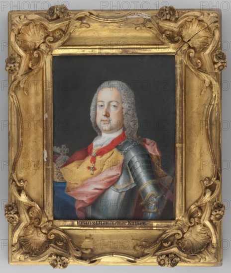 Francis I of Lorraine 1708–1765, son of Leopold I and Elizabeth of Orléans; painted by Martin van Meytens II 1695–1770, portrait to the waist, left of a mature man wearing orders and a cuirass, ruler emperor; miniature, 1750, Austria; height 18.0 cm, width 13.5 cm., A framed painted portrait of a man shown from the waist up wearing a silver-gray wig and metallic armor with decorative detailing, a red sash draped across a golden-yellow garment, and a white lace collar; his expression is neutral and he faces slightly toward the viewer. The background of the painted area is dark. The portrait is set in an ornate gold-colored frame with carved floral and shell-like embellishments and visible wear in places. Colors visible include gold, gray, silver, red, yellow, pink, blue, white, black, and brown.
