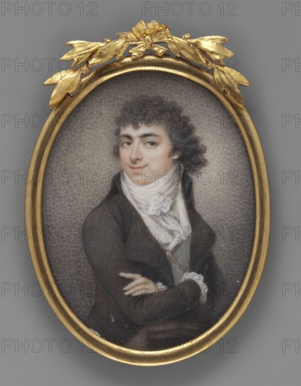 Self-portrait, Kosinski, Józef 1753-1821 painter; Portrait of a young man self-portrait, standing, visible to the hips, head three-quarters to the left, figure facing right, both arms folded one over the other and elbows resting on a table. Dark, powdered hair reaching halfway across the forehead, curls falling over the collar. White cravat and vest with a gold chain over it, gauze cuffs; dark gray tailcoat, sand-colored trousers. Background stippled gray, lightened around the figure. Narrow oval frame of gilded bronze with bay-leaf ornament tied with a bow, convex glass. Miniature, 1796. Height 7.3 cm, width 5.6 cm., An oval miniature portrait in a gold frame topped with a decorative gold laurel and bow, showing a person with dark curly hair wearing a dark coat and a white cravat, posed with arms crossed against a textured neutral background; visible colors include gold, gray, dark brown, black, white, and pale flesh tones.