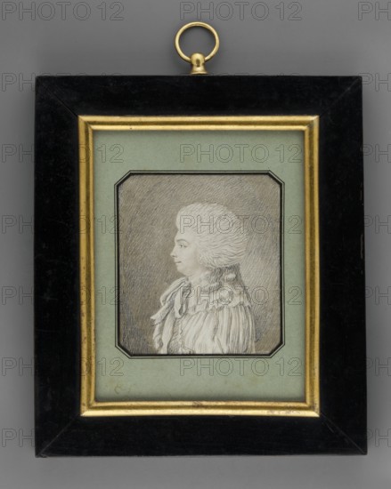 Maria Louise Albertine of Leiningen-Dagsburg-Falkenburg 1729–1818, Duchess of Hesse, portrait miniature, unknown artist possibly amateur painter. Female portrait, bust in left profile; she wears a grey crew-cut wig and a richly gathered lizeska tied under the neck. Background: hatching. Medium/format: miniature, height 6.5 cm, width 5.8 cm; mounted in passe-partout with narrow profiled bronze rim and ebony-polished wood. On the reverse: No. 51/Marie Louise Albertine, Princess Georg von Hessen/Geborene grafin von Leiningen-Dachsburg und Heidesheim/geboren den 16 märz 1729/gestorben den 11 marz 1818. Label with fragment of a seal; inscription: S 111, 1880. Repossession, A framed portrait shows a side-profile sketch of a person with a high, powdered hairstyle and ruffled clothing; the sketch is rendered in shades of gray and white with fine pencil or chalk lines. The portrait is mounted on a pale green mat with a thin dark decorative border around the image. The frame has an inner gold tr...