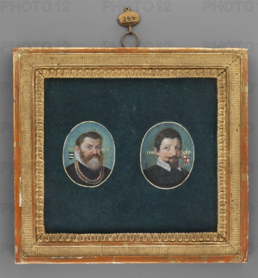 Co-bound portraits: an elderly man: Philippe von Bicken; Portrait of a Young Man, Johann Adam von Bicken; unknown artist; group portraits father, son in historical costumes of the 16th/17th century; foreign miniatures; Green-blue background. a 3/4 to the right, shoulder-length, an elderly man with dark-blond stubble and a beard in a white ruff, a double gold chain around his neck. Inscription in the background: 1530 AE T 61. b 3/4 to the right, dark hair and beard. Inscription: I 60 Z, 1900. Miniature, height 4.7 cm, width 3.8 cm., A rectangular decorative frame with gold and orange tones surrounds a dark teal background that holds two small oval portrait medallions; the left oval shows a middle-aged man with a beard and mustache wearing dark clothing and layered gold chains, set against a muted blue-green halo, and the right oval shows a younger man with a trimmed mustache and beard wearing a dark high-collared garment with a white collar, set against a similar blue-green halo; the fr...