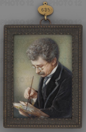 Self-portrait with a palette, Jahn, Friedrich August fl. 1810-1894 — painter. Subjects/attributes: self-portrait, male portrait, waist-length, 3/4 left, head almost in profile. Appearance: short grey hair, mustache, glasses; wearing a white shirt with collar, dark grey tie with white dots, black vest. He holds a palette in the left hand and a brush in the right. Style: modernism. Inscription/markings: Jahn, Friedrich August fl. 1810-1894. Medium/format: miniature; patinated brass braiding around ornament of stylized acanthus leaves. Date: 1891. Dimensions: height 9.2 cm, width 6.7 cm. Background: olive, lightened on the left. Provenance note: repossession., A framed painted portrait of a man shown from the waist up holding a painter’s palette and a thin brush, wearing round spectacles and a dark suit with a white collar and tie, his hair curly and grey and his face showing a moustache; the palette displays a few dabs of paint in various colors and the background is a soft, muted greeni...