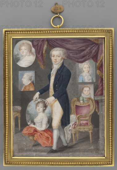 Portrait of a painter in his studio, unknown painter; interiors painter's studio, male portrait, full figure en pied, self-portrait; standing against the background of an interior, supporting with both hands a woman's portrait leaning against red fabric. He is dressed in a gold and cream vest, matching trousers, and a navy blue tailcoat; he wears a gray wig. Interior walls display portraits of two women, a man, and a child. At the top is a red-olive curtain; a chair and an armchair upholstered in red fabric; on the right a grey fireplace. Miniature; bronze rectangular profiled strip with a pearl motif frame, ca. 1800, Germany; height 15.0 cm, width 11.4 cm., A painted scene in a rectangular gold frame with beaded inner edging shows a man standing center wearing a dark blue coat, pale waistcoat, light breeches, white stockings and dark shoes, his hands resting above a seated young woman who wears a white bodice and a bright red skirt and a floral headpiece; behind them is a draped purpl...
