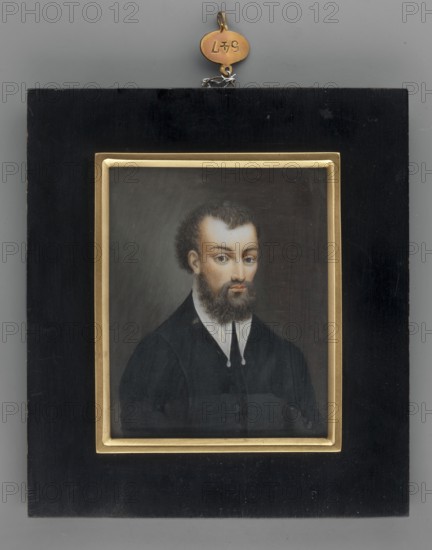 Copy from Corregia, Thil, Wilhelimine Louise du 1782–1819 painter; copies; men; portraits; male portraits; foreign miniatures; repossession provenance; 1820; miniature; height 8.0 cm; width 6.4 cm, A framed portrait of a man with a beard and mustache, shown from the chest up, wearing a dark garment with a white collar; his hair is dark and curly and his expression is neutral. The portrait is set within a narrow gold inner frame and a wider black outer frame. A small gold hanging loop with a chain is attached to the top of the frame. Visible colors include black, gold, white, various skin tones, dark brown, and gray.