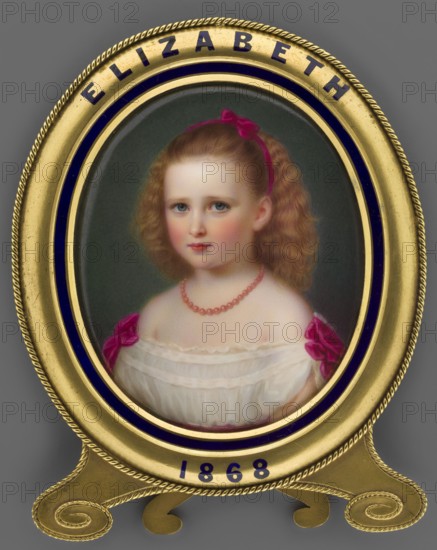 Elisabeth von Hesse und bei Rhein 1864–1918 as a girl, after a miniature by Reginald Easton 1807–1893; painter: Reginald Easton; subject: Elisabeth von Hesse und bei Rhein, wife of Grand Duke Sergei Alexandrovich; materials/format: miniature; dimensions: height 8.1 cm, width 6.7 cm; date: 1868; place of creation: England; themes: jewelry, girls, rulers, portraits, foreign miniatures; associated person: Ernst Ludwig Grand Duke; 1868–1937., An oval framed portrait of a young girl with fair skin and light brown curly hair held back by a pink ribbon, wearing a white off-shoulder dress with pink bows on the shoulders and a pink beaded necklace, set against a dark green background; the portrait is encased in a decorative gold frame with dark blue enamel accents and a twisted rope border, and the frame rests on a gold stand with curled decorative feet.