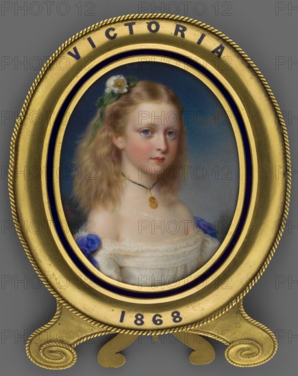Victoria von Hesse and bei Rhein 1863–1950, daughter of Louis IV of Hesse, portrayed as a girl after a miniature by Reginald Easton 1807–1893; painter, subject includes jewelry, flowers, roses; portrait miniature, height 9.0 cm, width 7.5 cm; style: foreign miniature; date: 1868; place of creation: England., An oval painted portrait of a young girl with light blonde wavy hair wearing a white off-shoulder dress with ruffled trim and small purple fabric accents on the sleeves, a black cord necklace with a small round pendant, and a white flower with green leaves tucked into her hair; she has a fair complexion with rosy cheeks and blue eyes and is set against a dark blue to gray background. The portrait is mounted in an ornate oval gold frame with twisted rope detailing and dark blue inner bands, and the overall image also shows a gray outer background.