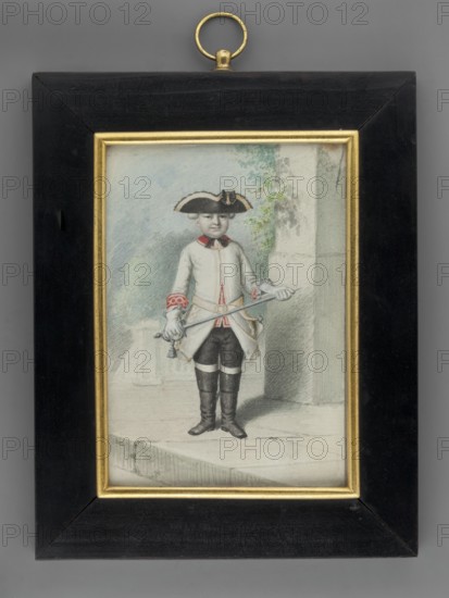 Christian von Hessen-Darmstadt, Prince of Hesse as a child 1763–1830, unknown painter; male portrait boy, full figure in uniform; standing on a terrace in an open-air park setting. He wears a white wig, black tricorn hat with yellow trim, white uniform coat with red collar and cuffs, yellowish belt, black trousers and shoes, white gloves, and carries a silvery saber. Background: gray-blue sky and green tones gray-green, turquoise, celadon. Miniature, height 12.3 cm, width 8.6 cm. Binding: bronze and imitation wood. On the reverse of the binding: “N.35 Christian/Prinz von Hessen/Geboren 25.November 1763; gestorben 17. April 1830./In der Uniform d. Landgraf. Hesse-Darmstädtischen/Leibgarde zu pferde under der Regierung Ludwig IX.,/Landgrafen von Hessen-Darmstadt.” Additional inscriptions: S. 121, 1880; seal label., A framed colored portrait of a child standing on a stone step, wearing a tricorn hat, a light-colored coat with red trim at the collar and cuffs, dark knee-high boots, and a l...