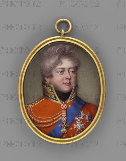 George IV of Hanover 1762–1830 in a British general's uniform. By Henry Bone 1755–1834. Probably a copy of an oil painting; miniature. Bust in full view, head to the right; thick grey/curled hair, dark eyes, black cravat, red uniform with gold braiding, epaulettes and insignia, numerous order stars, blue order sash, Order of the Golden Fleece around his neck. Olive-grey background. Narrow gilt/brass band binding. 1815, England. Height 3.7 cm, width 2.7 cm., An oval pendant with a gold rim contains a painted portrait of a person wearing an orange-red military-style coat with gold trim and decorative gold braiding, a blue sash across the chest, and star-shaped metallic decorations; the person has light skin, reddish cheeks, short curly light brown hair, and a neutral facial expression, set against a muted grayish-green background with the pendant ring visible at the top; visible colors include gold, orange-red, blue, light brown, pinkish skin tones, black, gray, silver, and muted green.