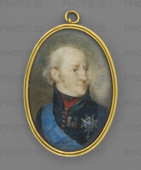 Charles XIII, King of Sweden 1763–1844, unknown artist, portrait miniature, ca. 1800; subject: ruler in uniform with orders; male portrait; height 5.3 cm, width 3.5 cm., An oval pendant with a gold frame containing a painted portrait of a light-skinned person shown from the shoulders up, turned slightly to the viewer's right; the person has pale hair pulled back and a neutral expression, wearing a dark coat with a high collar, a blue sash across the chest, and several small medals plus a star-shaped decoration; the background inside the pendant is a muted mix of gray and green, and the frame and suspension loop are gold.