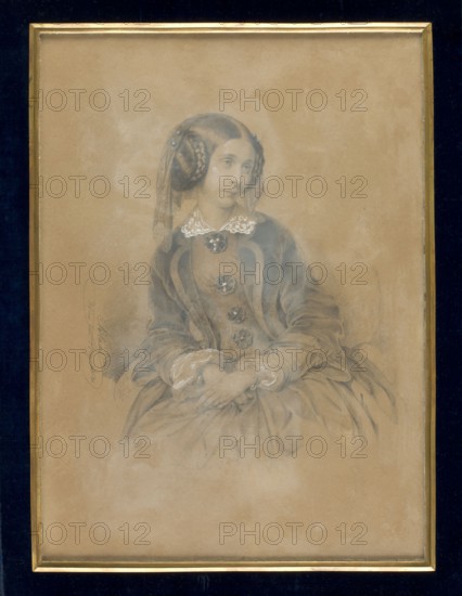Portrait of a young woman in a crinoline – Seweryn née Potocka? 1795–1871 1st degree v. Izydorowa Sobanska 2nd degree v. Franciszkowa de Paula von Colloredo-Wallsee, Blaas, Karl von 1815–1894 painter. Young woman sitting in an armchair, visible below the knees, straight figure, slightly bent to the left, head 3/4 to the right, slightly tilted. Hair blonde, parted smoothly in the middle, wrapped back below the ears and held in semicircular braids on both sides. A transparent lace headdress decorated with blue buttons falls from the head. A white lace collar at the neck; a crinoline dress with round ribbon rosettes and pearl buttons. A velvet cape adorns the lapels of the wide sleeves with pleats sewn on from a different material. Hands casually crossed on the knees; thin bracelets with hanging topaz-colored stones on the wrists, and gauze cuffs peeking from the loose sleeves. Binding: a narrow triangular bronze strip with a sapphire velvet border; entire case made of dark blue leather. ...