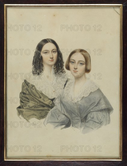 Double portrait of Eliza Elzbieta née Zygmunt Krasinska 1820–1876 and her sister Zofia Sophie Katarzyna née Branicka Liwiusz, duchess Odescalichi 1821–1886, painted by Emilio Rossi ca. fl. 1830–1850. Ink inscription on glass: Elzbieta / née Branicki / Zygmuntowa Krasinska / 'Zofia Odescalchi', 1840, Russia. Miniature, height 24.2 cm, width 17.9 cm; aristocratic female portrait, dresses, family., A framed portrait of two young women from the chest up against a plain light background; one woman has dark curly hair and a pale complexion and wears a dark olive-green shawl over a lacy white collar, the other has straight light brown hair in a bob and a pale complexion and wears a soft gray-blue dress with a lacy white collar; both faces are rendered with neutral expressions and subtle shading, and the image includes colors such as cream, olive green, gray-blue, brown, black, and white, with a dark brown frame and a thin gold inner border.