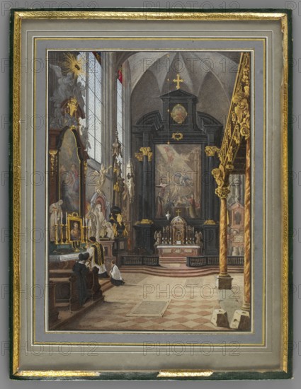 Interior of St. Stephen's Cathedral in Vienna?, Willibald Richter 1805–1880, painter; miniature; 1830–1840; Kraków; height 19.3 cm, width 14.3 cm, The image shows an interior scene of a richly decorated church or chapel with a tall vaulted ceiling and large leaded windows on the left letting in light. Dark wood and black architectural elements frame a central ornate altar area topped with a golden cross and a round painted medallion; the altar itself has a dome-like tabernacle and several candle stands. A carved and gilded balustrade or canopy with intricate scrollwork in gold runs vertically on the right, supported by a twisted column in warm golden and brown tones. On the left side there are sculpted statues, framed devotional images, gilded candlesticks, and decorative panels in muted grays, browns, creams, and touches of gold; a few figures dressed in dark and white garments kneel or stand near a side altar. The floor has a patterned tile design in beige and brown hues leading towa...