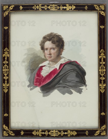 Artur Stanislaw Potocki 1787–1832, son of Jan and Julia née Lubomirska; romantic portrait à la Lord Byron; painted by Aleksander Pawlowicz Briullov 1798–1877; miniature, 1832; oil on ? height 21.8 cm, width 16.2 cm; subject: aristocratic male portrait in period costume. Russia place of creation., A framed painted portrait of a person with light skin and curly brown hair, shown from the chest up and facing forward with a neutral expression. The person wears a white ruffled collar and a dark outer garment with a vivid red inner lining draped around the shoulders. The background behind the figure is mostly light with soft gray and pale bluish brushstrokes. The portrait is set within a decorative rectangular frame that is dark brown or black with ornate gold embellishments along the edges. The visible colors include brown, white, red, dark gray or black, gold, pale blue, and light gray.