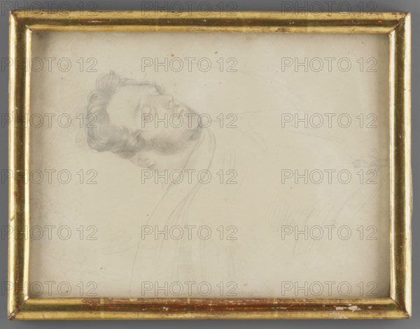 Artur Potocki on his deathbed; Artur Stanislaw Potocki from Krzeszowice 1787–1832, son of Jan and Julia from Lubomirska; painter, Johann Nepomuk Ender 1793–1854 painter; Krzeszowice Lesser Poland Voivodeship; subjects: men, sketches, aristocracy; Potocki, Artur 1787–1832 — iconography; 1832; miniature; height 14.9 cm, width 20.3 cm, A framed pencil drawing shows a reclining male head and upper torso with closed eyes and a short beard, drawn in light grey lines on an off-white paper that has a few small spots and slight discoloration; the man has wavy hair rendered with soft shading and the drapery around his shoulders is suggested with faint curved lines; the rectangular frame is a worn metallic gold with visible scuffs and areas where the finish has rubbed away, and a narrow grey mat or background surrounds the framed piece.