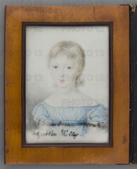 Alexandrine Nilly Woroncow 1821–1830 as a little girl, daughter of Elzbieta née Branicka and Michal S. Woroncow; unknown painter possibly amateur; Krzeszowice Lesser Poland Voivodeship — 1830; miniature; height 10.8 cm, width 7.7 cm; en face portrait of a child, portrait/sketch, Polish miniature, aristocracy., A framed portrait of a young person shown from the shoulders up, with pale skin and light blonde hair styled with short bangs and small curls at the sides, wearing an off-the-shoulder dress in a light blue color; the face has light blue eyes and a neutral expression, and soft shading and crosshatch strokes appear around the figure; the portrait is set within a dark inner frame and a warm brown wooden outer frame, and there is a narrow dark vertical edge visible along one side.