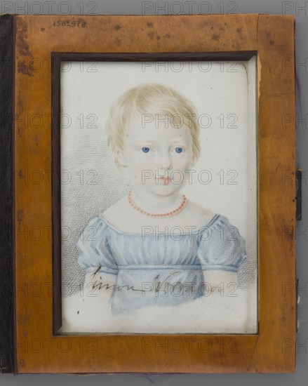 Simon Vorontsov as a little boy 1823–1882, son of Elzbieta née Branicka and Michal S. Vorontsov; unknown painter amateur; Krzeszowice Lesser Poland Voivodeship / Russia place of creation, 1830; miniature; height 12.1 cm, width 8.0 cm; en face portrait of a boy; family/aristocracy., A framed portrait of a young child with light blond hair and blue eyes wearing a pale blue dress and a red bead necklace; the child has a neutral expression and light skin. The portrait background is mostly white with gray crosshatching shading on the left side. The frame is wooden with warm brown and amber tones and shows darker brown corners and inner trim. There are a few small dark spots and scuffs on the frame and some subtle signs of wear along the edges.