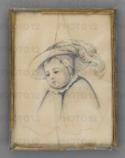 Portrait of Zygmunt Krasinski as a child; painted by Beata Czacka née Potocka fl. 1758–1824 and an unknown painter; miniature, 1815; height 11.3 cm, width 8.7 cm. Subjects/attributes: child, boy, headgear; sketches; poets; Polish miniature; aristocracy., A framed pencil and wash portrait of a young child wearing a wide-brimmed hat with decorative ruffles, shown from the shoulders up and looking slightly downward, rendered with soft gray and blue-gray pencil lines and light pinkish tones on the cheeks; the paper has a warm beige and cream background with visible age spots and faint stains, and the frame shows muted green fabric edges with gold trim.
