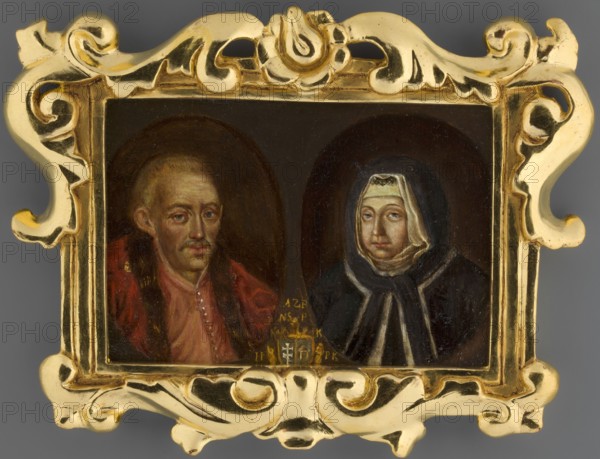Double portrait of Andrzej Potocki d. 1691, Field Hetman of the Crown, and Anna née Rysinska. Two busts in ovals on a dark background. Andrzej Potocki in a pink zupan and a crimson bekiesza trimmed with sable fur; Anna Potocka in old Polish widow's? costume, black kalpak with white trim, undercoat, black cloak with a hood. Gilded brass frame, neo-Baroque. M. Plominska believes the author of the miniature was inspired by lost coffin portraits. On the reverse, in black paint or ink, left: Anna / née Rysinska / Potocka / wife / of Andrzej Potocki / castellan. Kraków / HP Kor... and right: Andrzej / Potocki / Vice Rex / Castellan of Kraków / Field Hetman / Crown Hetman. ca. 1700–1800, Poland; miniature; height 8.8 cm, width 13.0 cm., A small painted double portrait set in an ornate decorative frame, showing a man on the left and a woman on the right, each within a rounded arch. The man has pale skin, short light brown hair, a mustache, and a contemplative expression; he wears a reddish gar...