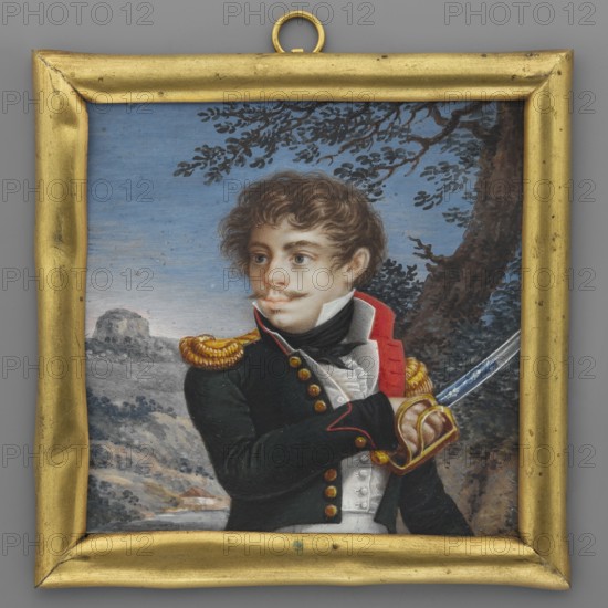 Portrait of a lieutenant of the artillery of the Duchy of Warsaw, Malcz, Karol 1797–1867 author, trees, portraits en three-quarts, men, uniforms, male portraits, soldiers, amateurs, artillery, military, Duchy of Warsaw 1807–1815. Lieutenant of the artillery of the Duchy of Warsaw. Half-length right, head 3/4 left. Wavy light brown hair, small mustache, white collar, jabot and vest, black tied cravat. Dark green uniform tailcoat, sabre in right hand. Background: tree and thicket on the right, landscape and sky on the left. Binding: convex gilt bronze bar, no glass. Bottom right: Malcz. On the reverse of the binding: Sulkowski? / Jablonowski? / signed / Malcz / horse artillery officer. 1810, Poland, miniature, height 7.2 cm, width 7.0 cm., A small framed painted portrait of a young man shown from the waist up wearing a dark green military coat with gold shoulder epaulettes and red trim, a high white collar and a black cravat; he has light brown wavy hair, a small mustache, and a fair com...