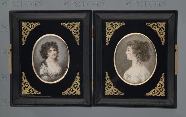 Portrait of Julia Potocka, née Lubomirska 1766–1794 Giuletta la bella Grassi, Joseph 1757–1838 after, Lesseur, Wincenty de 1745–1813, unknown. Half-length, three-quarter figure turned to the right; dark curled hair with woven string of pearls and a four-strand pearl necklace. She wears a corseted robe chemise dress, white fichu, and blue bows on the sleeves. Background grey, lightened around the figure. Narrow brass border in a polished mahogany wooden frame with stylized brass floral ornaments in the corners. 1780, Poland. Miniature; height 7.1 cm, width 5.3 cm., A hinged double-panel black frame with glossy finish and gold decorative corner motifs contains two oval portrait miniatures set in gold-colored bezels; the left portrait shows a person with dark curly hair wearing a white ruffled garment and a string of pearls, while the right portrait shows a person in profile with lighter curly hair pulled back and wearing a simple light-colored dress; the frame hinges and side clasps are ...
