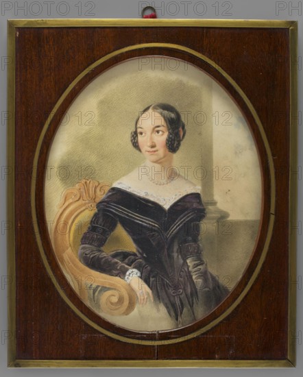 Portrait of Leontyna Eleonora Halpert 1803–1895, outstanding Polish theatre actress. By Stanislaw Marszalkiewicz 1789–1872. Seated figure nearly to the knees, head three-quarters to the left, torso slightly to the right. Black hair parted in the middle with braided side coils and a bun at the back; wearing a pearl necklace and a purple and black dress with lace at the bodice and cuffs. Right hand rests on the armrest of an armchair with an oval backrest. Background: grey-olive wall with a column and sky. Framed in a rectangular mahogany frame with an oval cutout and a bronze strip around the cutout; edges of the frame also trimmed with a bronze strip. Also notes: miniature; subjects include jewellery, women, portraits en three-quarters, dresses, interiors, theaters. Additional names: Eleonora Leontyna née Zuczkowski Halpert 1803–1895, wife of director Borys Halpert. Also associated names: Leopold Méyet 1850–1912; Maria Wodzinska 1819–1896, 1841. Dimensions: height 22.6 cm, width 18.3 c...